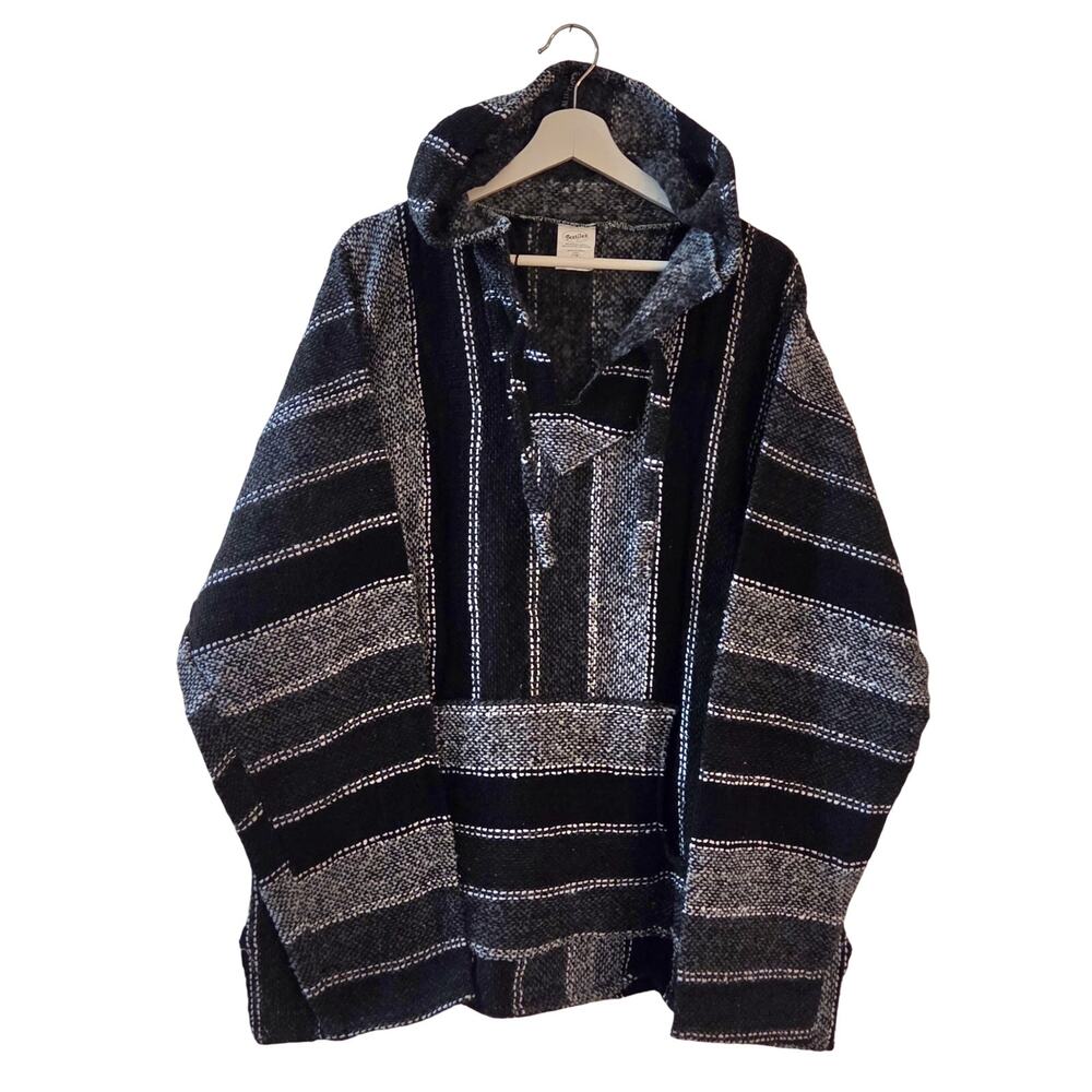 Textiles Black & White Striped Classic Baja Hoodie Front Kangaroo Pocket Size XL